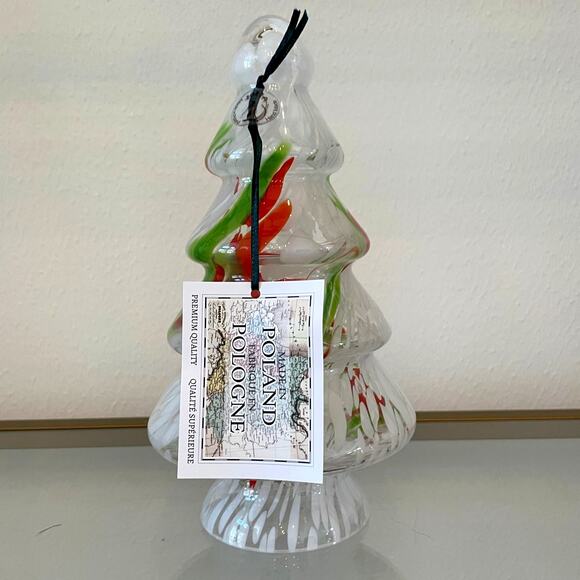 Art Glass CHRISTMAS TREE 10in Red Green White Marble Handmade in Poland NEW - Picture 4 of 14